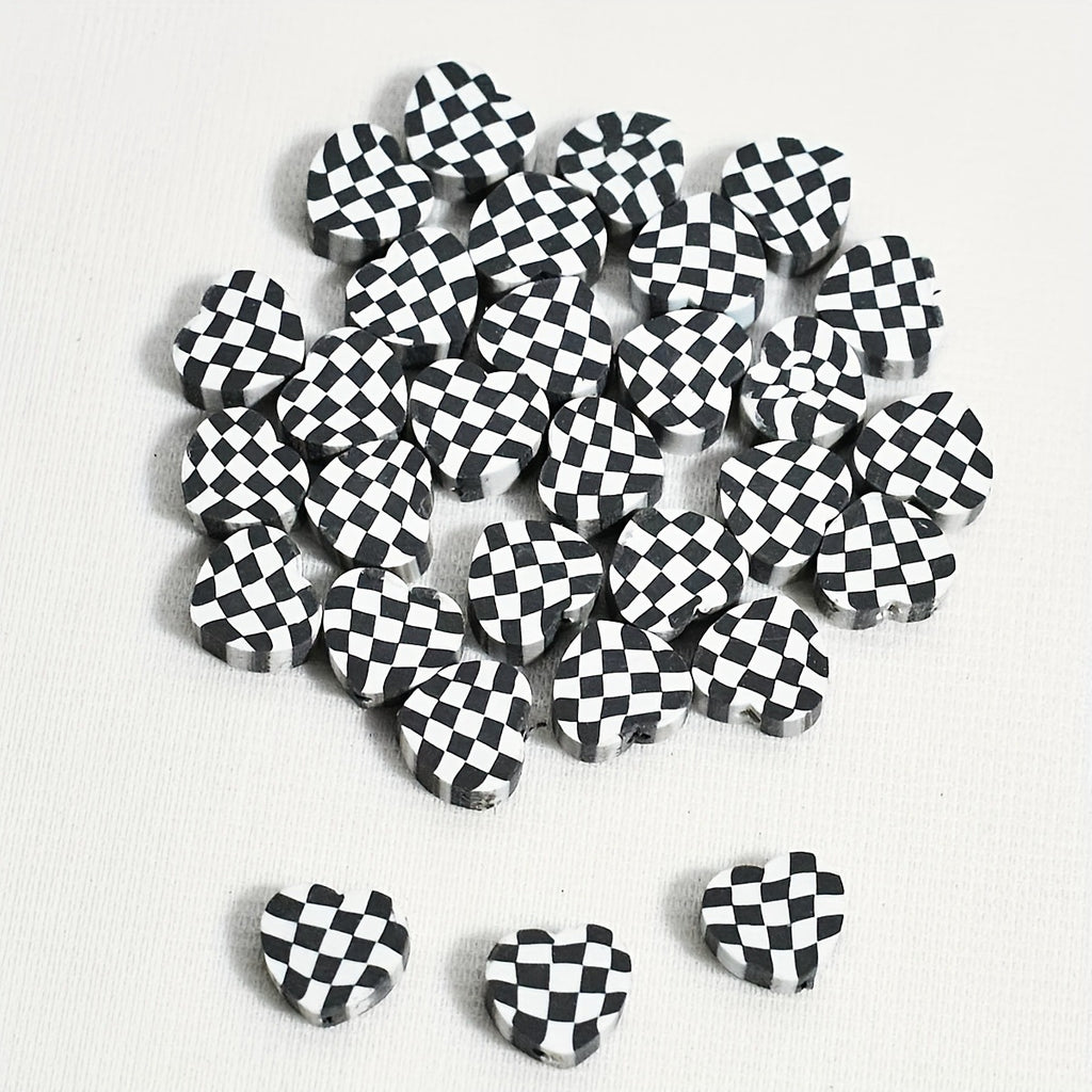 Heart Clay Beads 10mm Plaid Black White Polymer 100pcs
