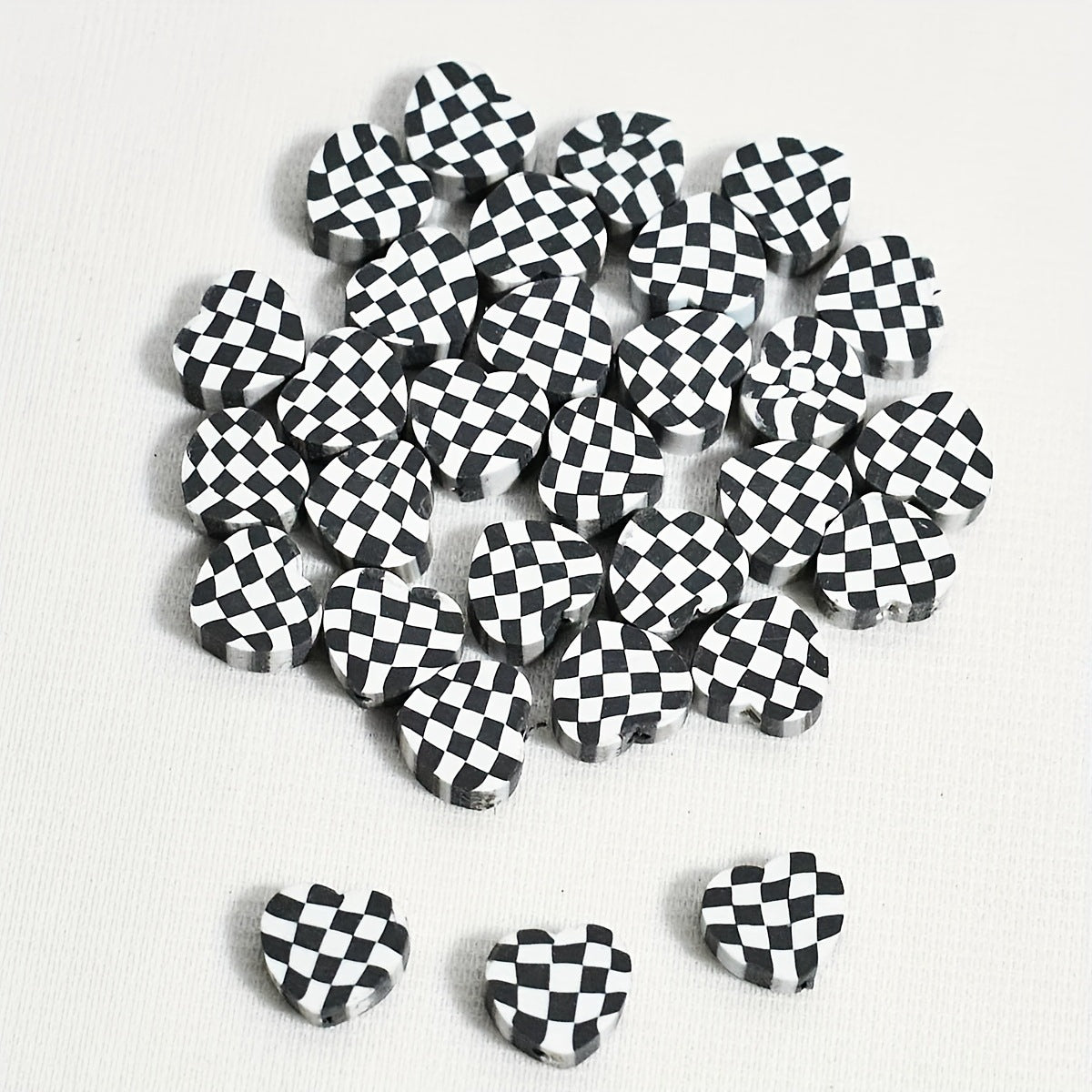 Heart Clay Beads 10mm Plaid Black White Polymer 100pcs