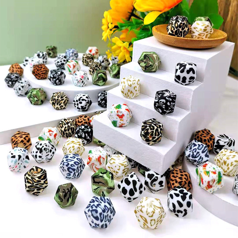 14mm Hexagon Silicone Beads Printed Camouflage Leopard Design 50pcs