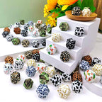 14mm Hexagon Silicone Beads Printed Camouflage Leopard Design 50pcs