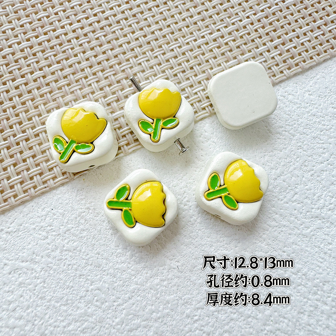 Tulip Square Heart Metal Beads 12mm Glossy Enamel Alloy 10pcs 6
