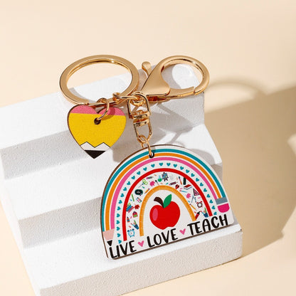 Wood Teacher Keychain Set Rainbow Apple Pencil Bouquet 2pcs 7