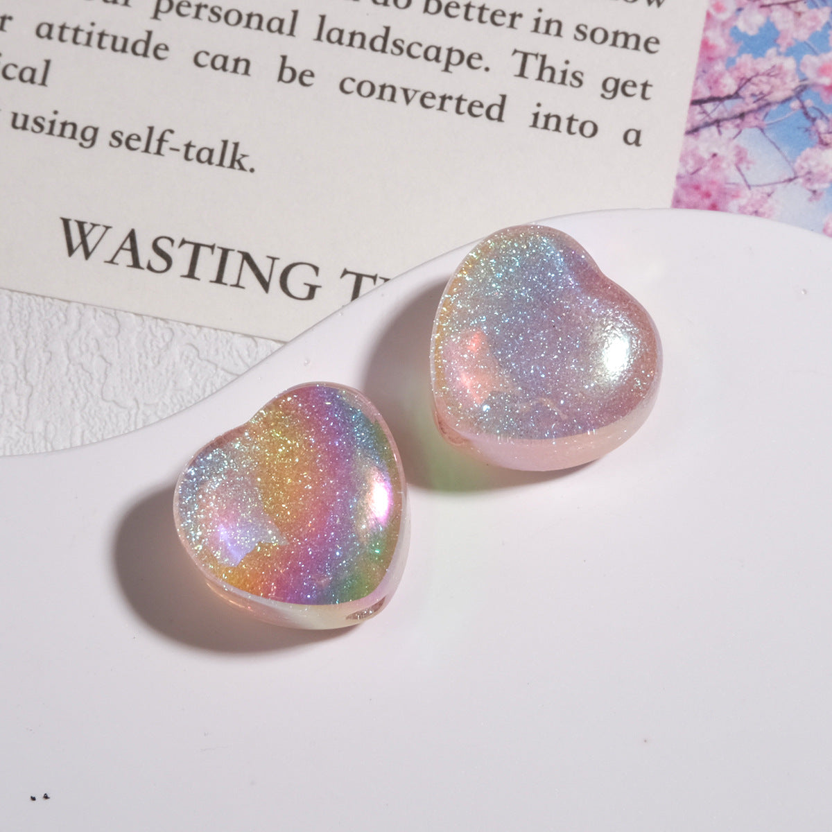 Glitter Starry Sky Heart Resin Beads 16mm Pastel Rainbow Shimmer 20pcs 7