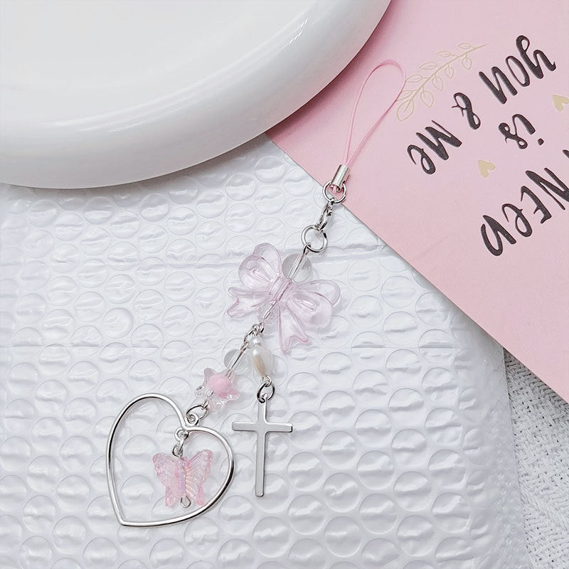Pink Bow Phone Charm Acrylic Metal Silver Heart Beads 3pcs 4