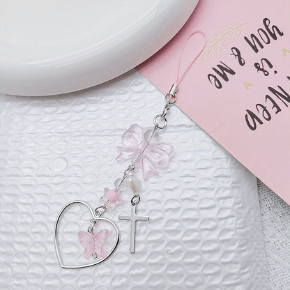 Pink Bow Phone Charm Acrylic Metal Silver Heart Beads 3pcs 4