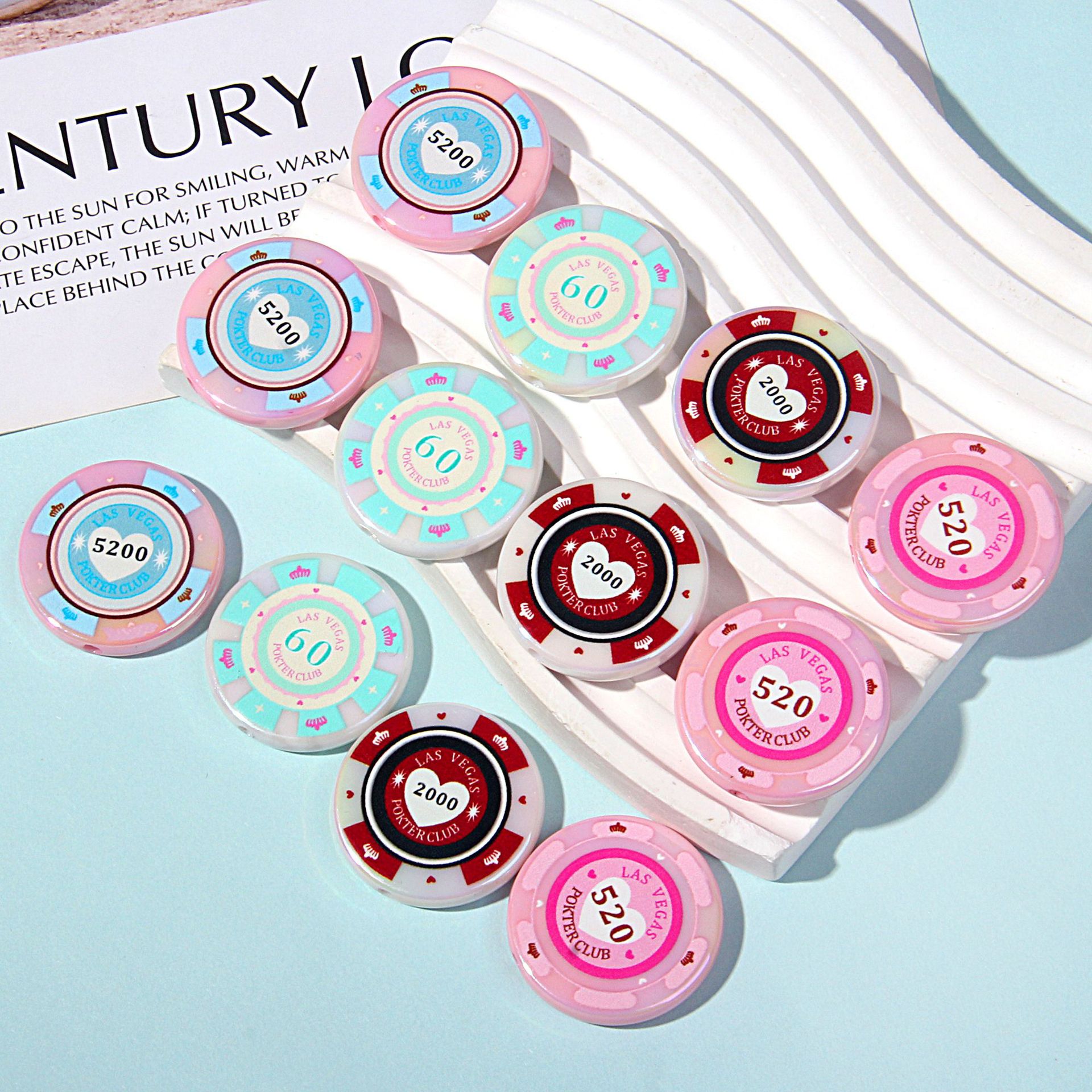 Chip Card Flat Acrylic Beads 32mm Colorful Printed 10pcs