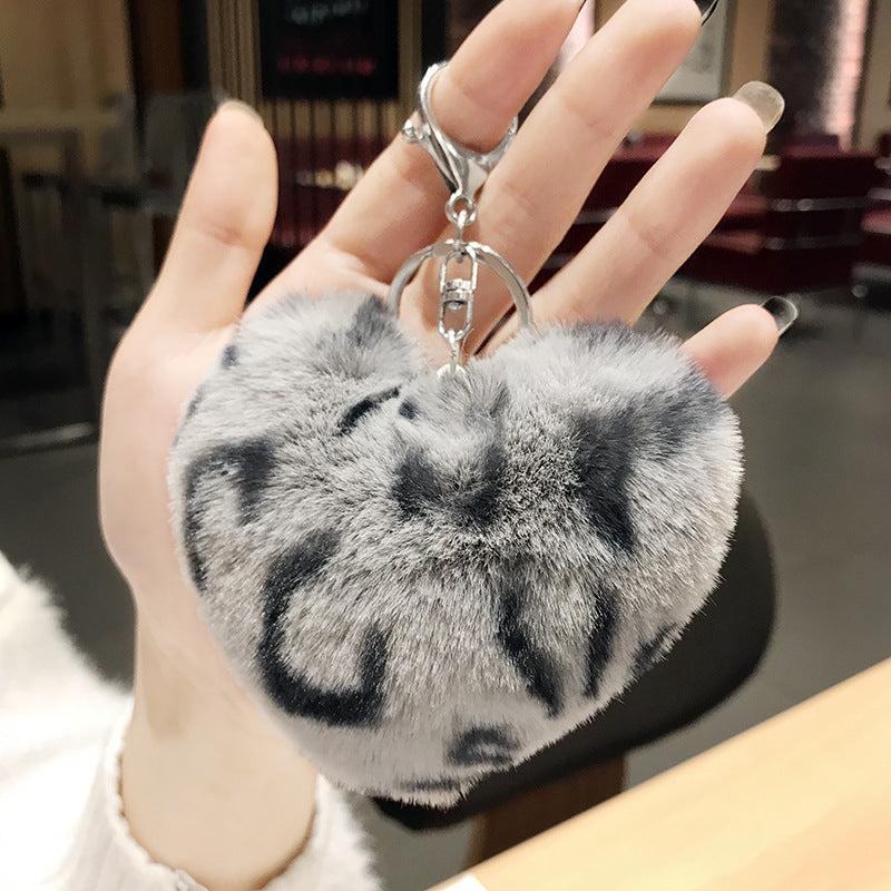 Plush Leopard Pom Pom Heart Keychain Soft Faux Fur 13cm 2pcs 13