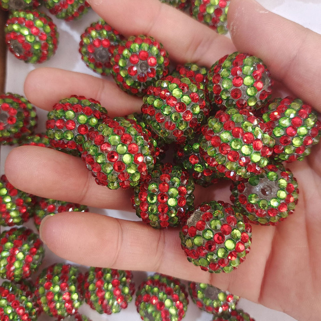 Plated Bubblegum Beads 16-22mm Christmas Red Green Striped 5pcs