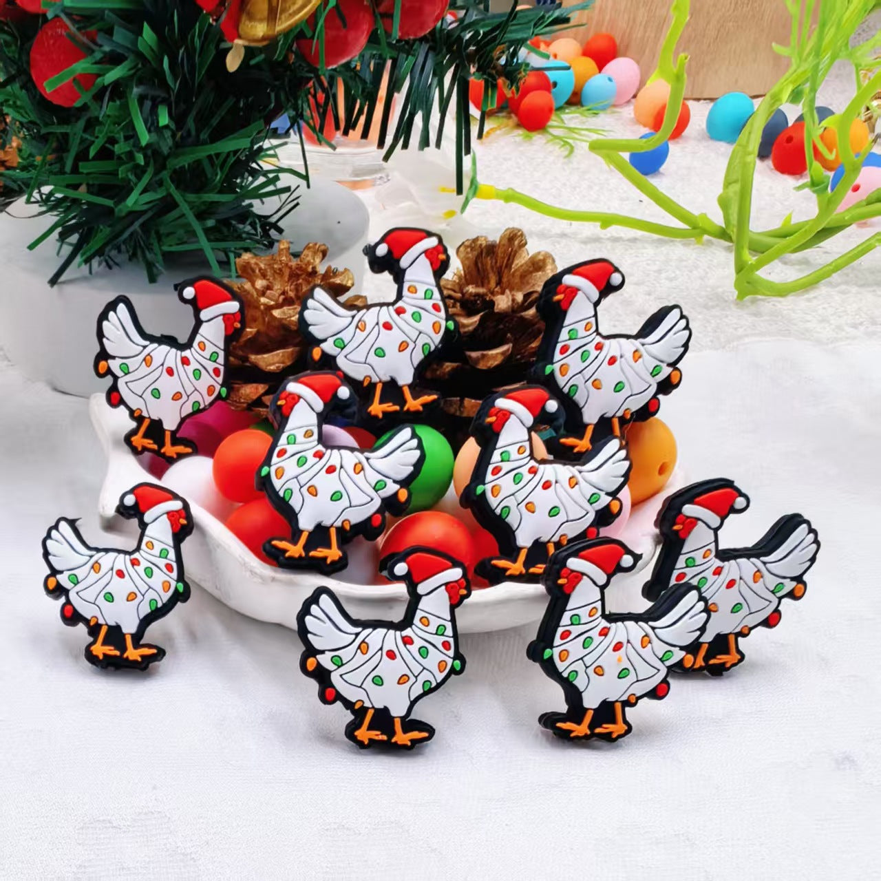 Silicone Focal Beads Christmas Chicken Wearing Santa Hat 20pcs