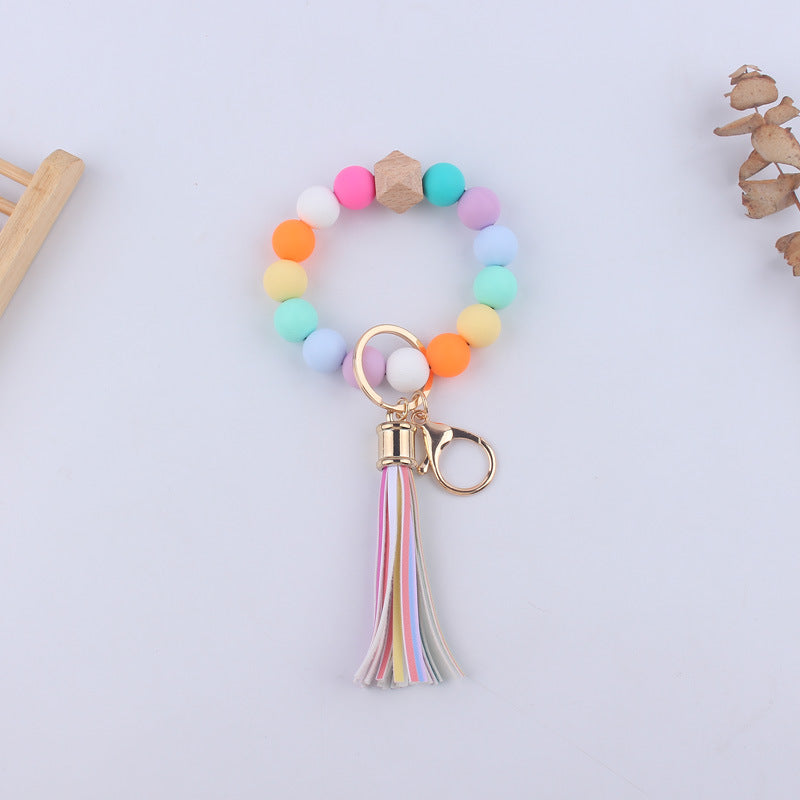 Leopard Print Silicone Bead Tassel Wristlet Keychain 15