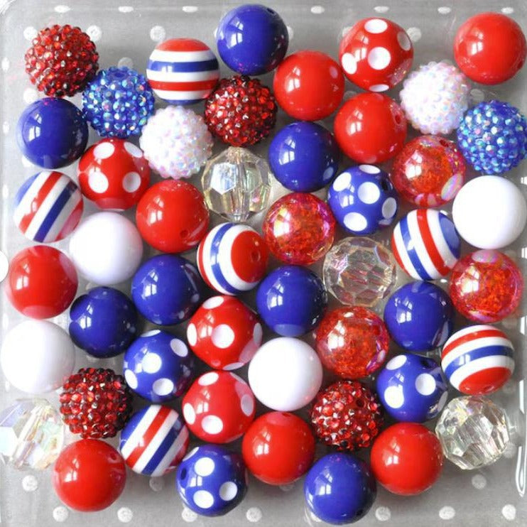 Bubblegum Beads 20mm Red White Blue Glitter Patriotic Chunky Mix 50pcs