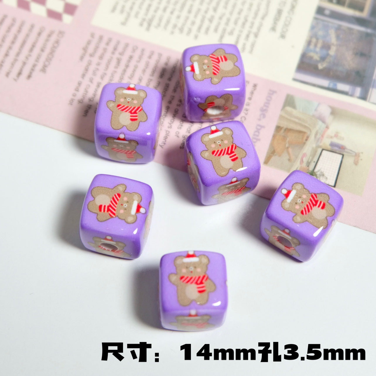 Christmas Square Acrylic Beads 14mm Colorful Printed 10pcs 18