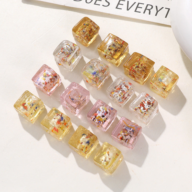 Lampwork Glass Beads Cube 10mm Silver Foil Confetti 4pcs 2