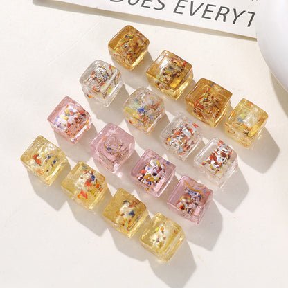 Lampwork Glass Beads Cube 10mm Silver Foil Confetti 4pcs 2