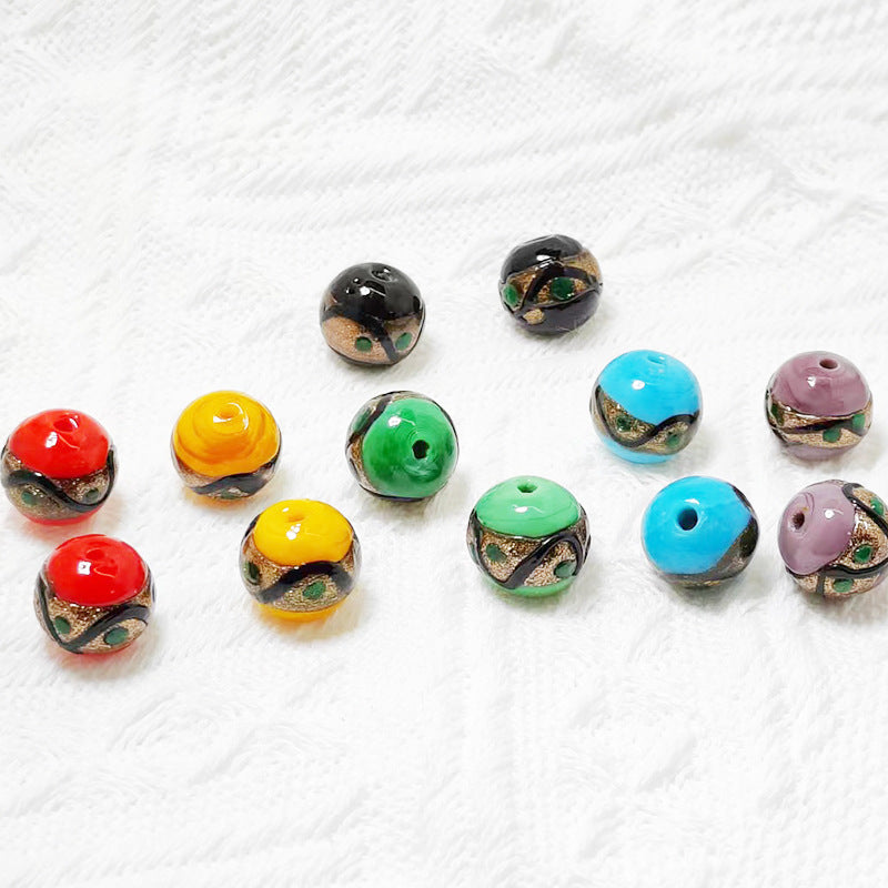 Lampwork Glass Beads Round 12mm Vintage Wavy Line Gold Foil 10pcs 2