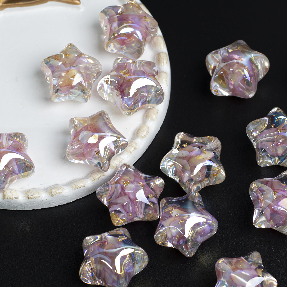 Clear Floral Star Resin Beads 22mm Translucent with Gold Flakes 10pcs 15