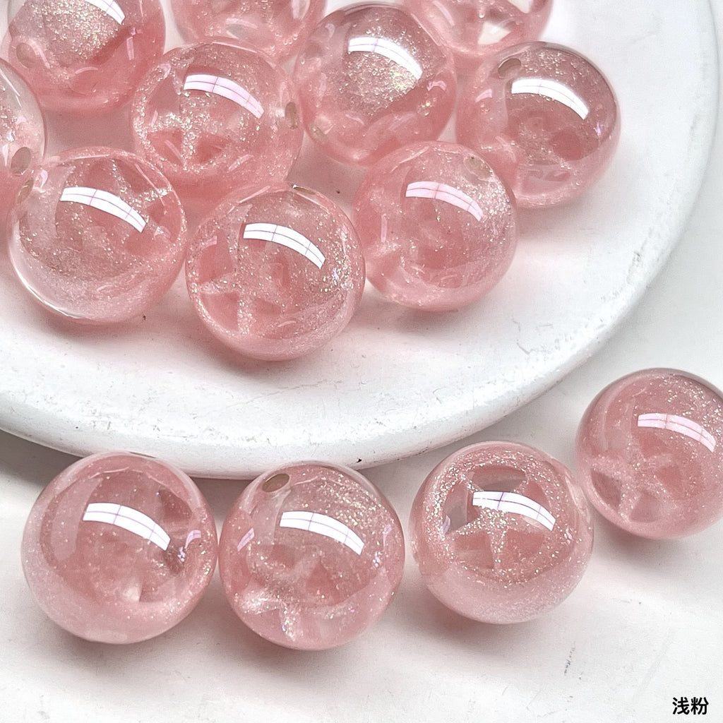 Shimmer Star Pattern Resin Round Beads 16mm Pink 10pcs 3
