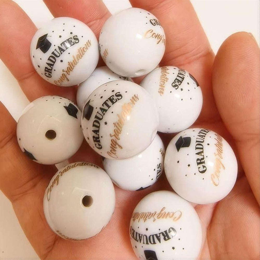 Printed Bubblegum Beads 20mm Graduation Season Design White 10pcs 2