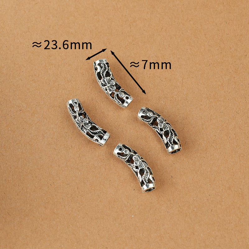 Tube Metal Beads Tibetan Hollowed-out Flower Pattern Vintage Silver Tone 20pcs 7
