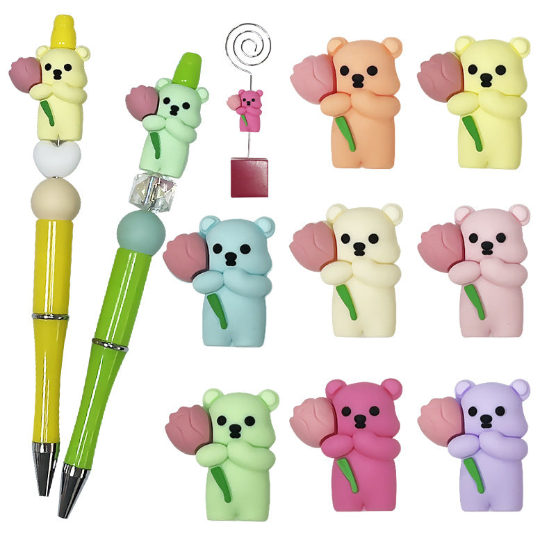Silicone 3D Focal Beads Teddy Bear Holding Rose 20pcs