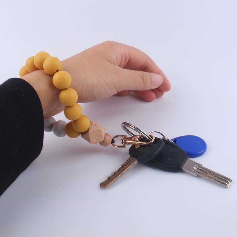Wood Hexagon Silicone Bead Wristlet Keychain Natural Pastel Colors 4