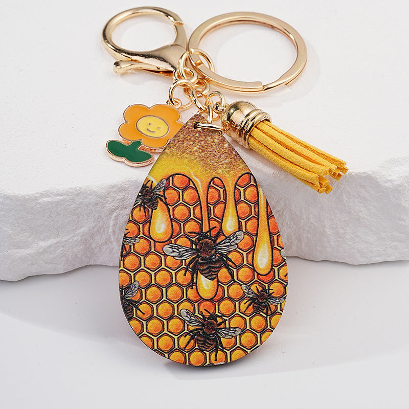 Honeycomb Keychain Metal Golden Bees Tassel Nature Design 3
