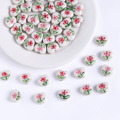 Hand Painted Heart Ceramic Beads 14mm Floral Pattern 5pcs 7