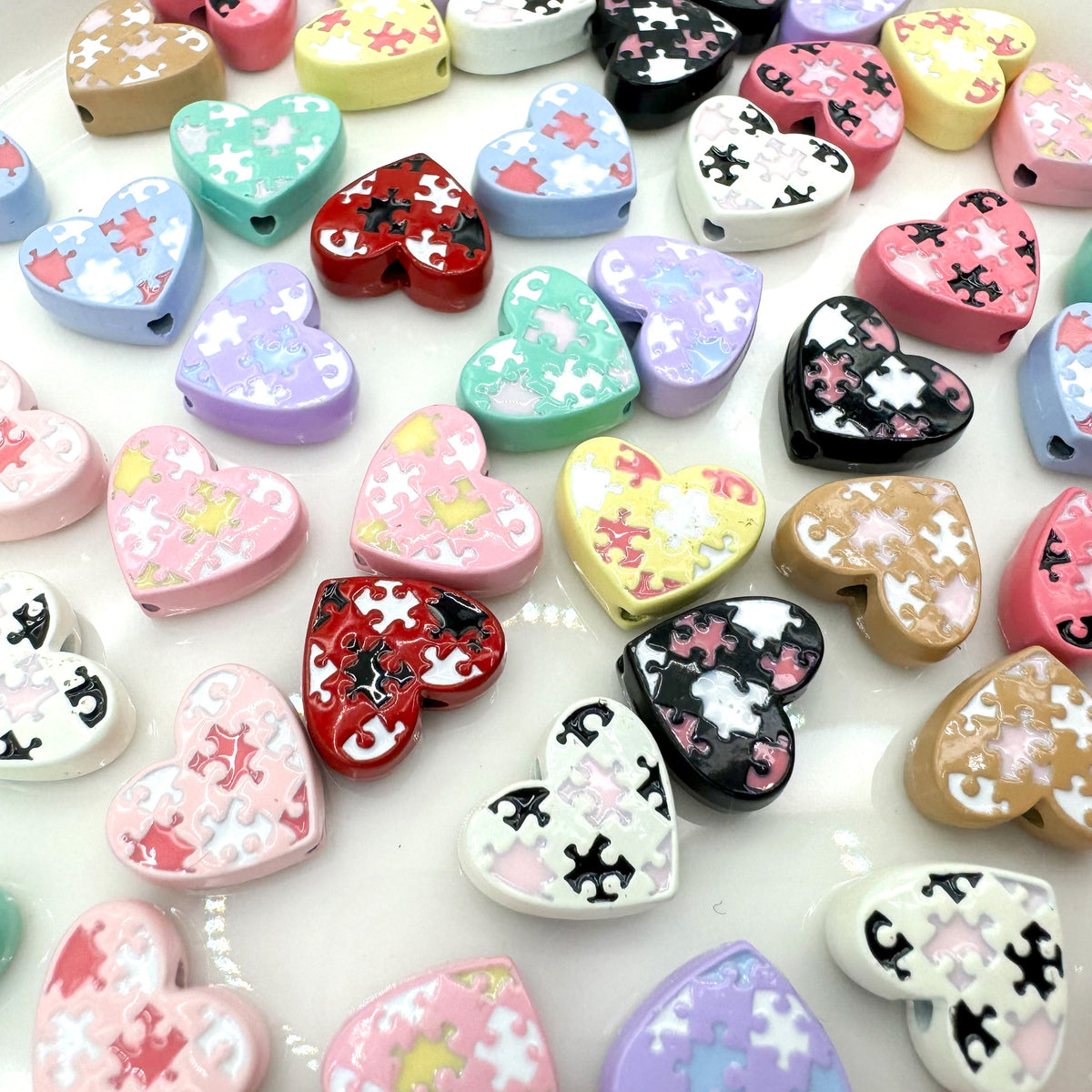 Heart Metal Beads 12mm Baking Painted Puzzle Pattern Enamel 10pcs