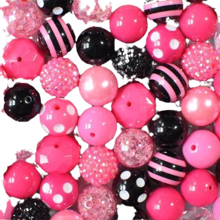 Bubblegum Beads 20mm Black Rose Pink Rhinestone Striped Polka Chunky Mix 50pcs 3