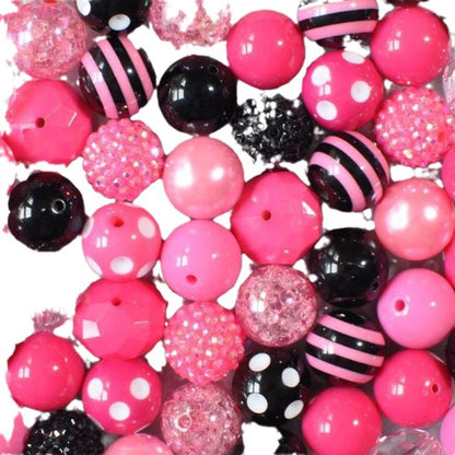 Bubblegum Beads 20mm Black Rose Pink Rhinestone Striped Polka Chunky Mix 50pcs 3