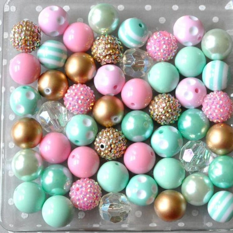 Bubblegum Beads 20mm Mint Green Pink Gold Polka Dot Chunky Mix 50pcs