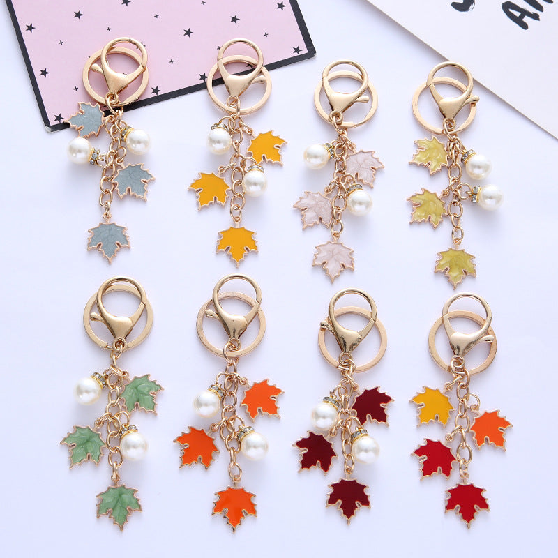 Alloy Maple Leaf Keychain with Faux Pearl Gold Tone