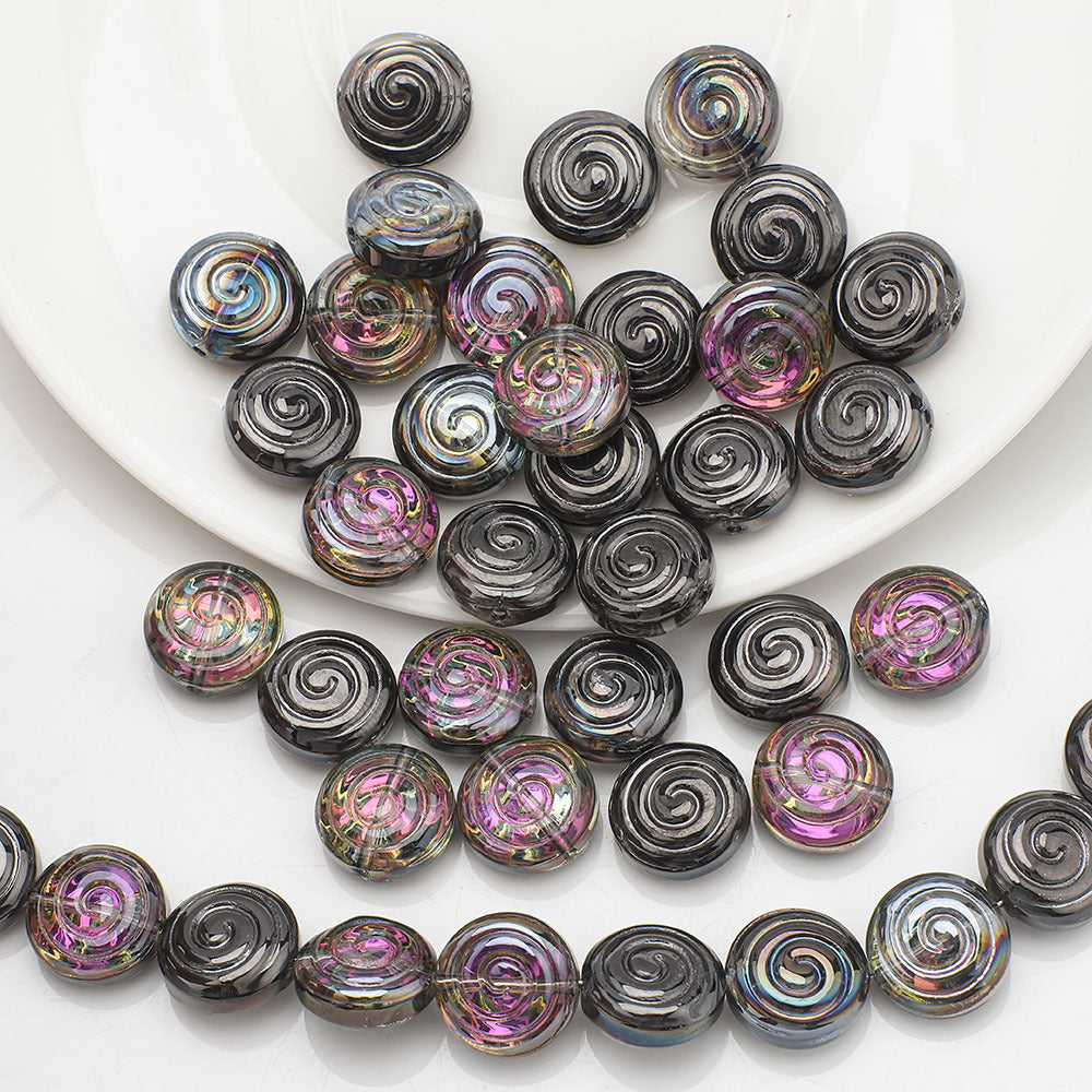 Electroplated Flat Spiral Glass Beads 12mm Metallic Iridescent 30pcs 13