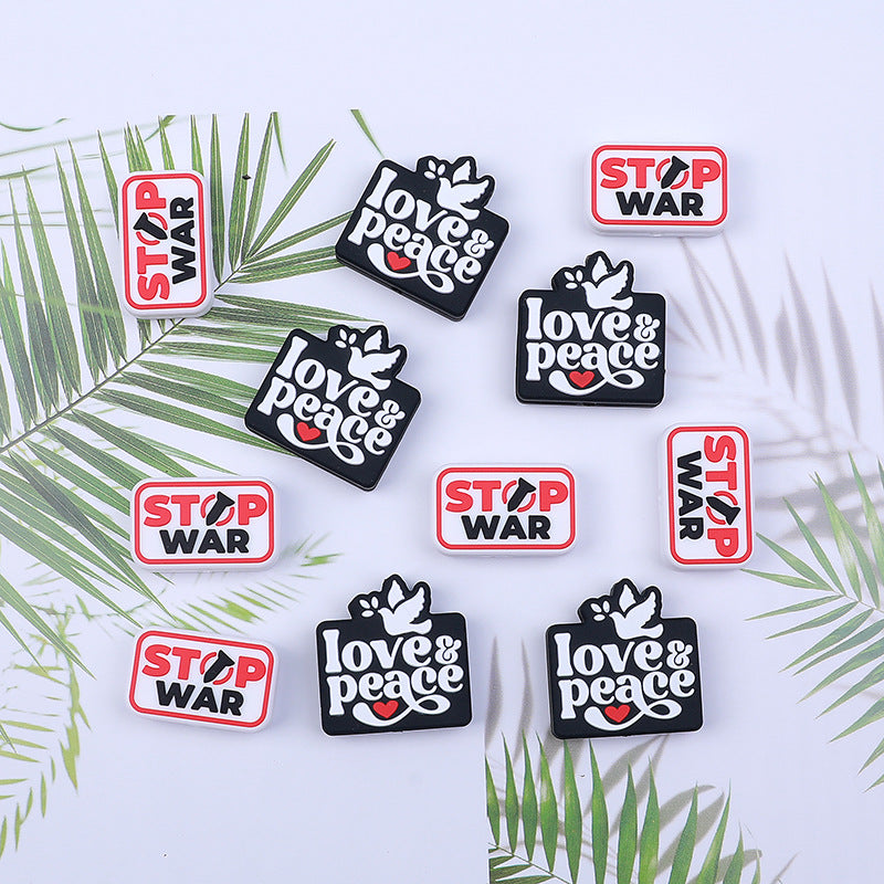 Silicone Focal Beads Love Peace STOP WAR Phrase and Dove Heart 20pcs 2