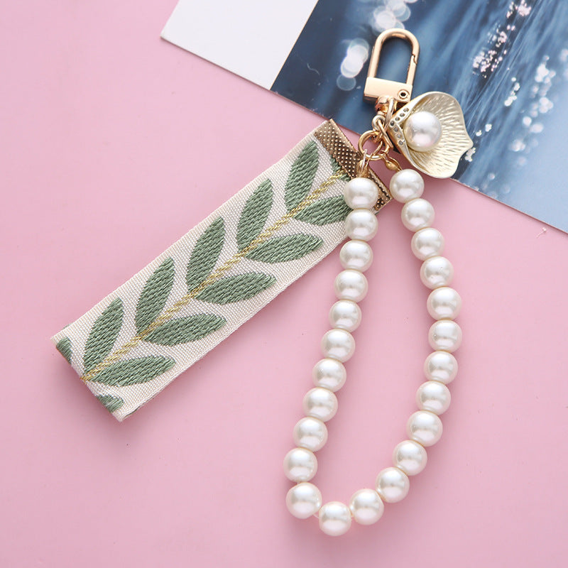 Ribbon Pearl Keychain Alloy Gold Tone Charms Embroidered Leaves 2