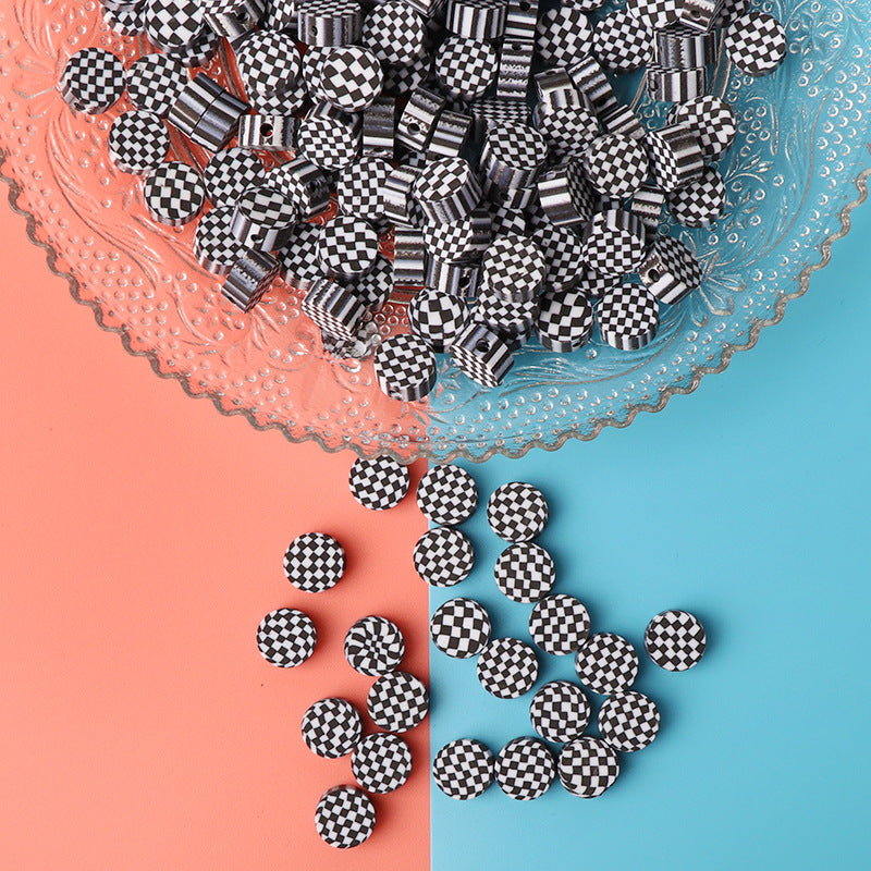 Round Clay Beads 10mm Black White Checkerboard Polymer 100pcs 2