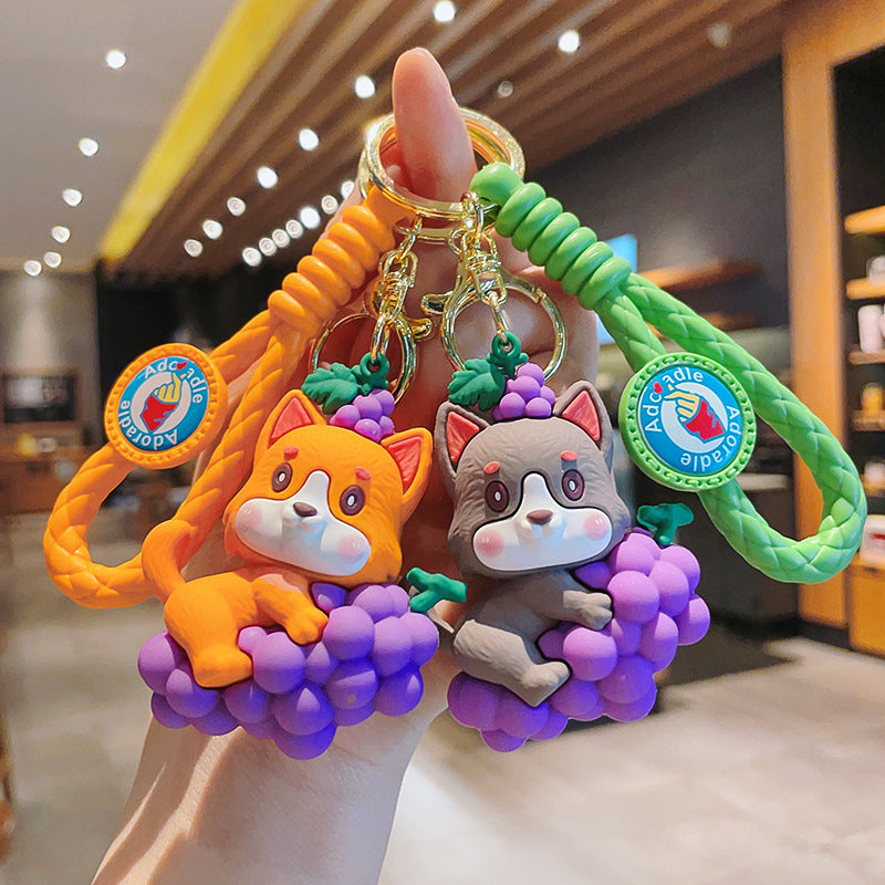 PVC Dog Keychain Cartoon Cute Dog Holding Grapes with Strap
