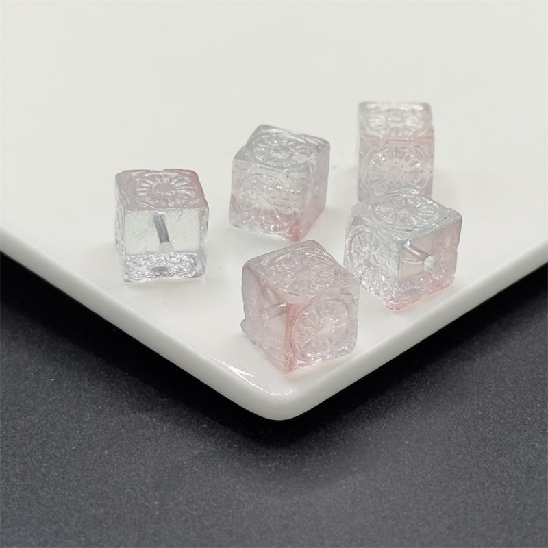 Carving Square Glass Beads 14mm Transparent Pastel Mixed 100pcs 6