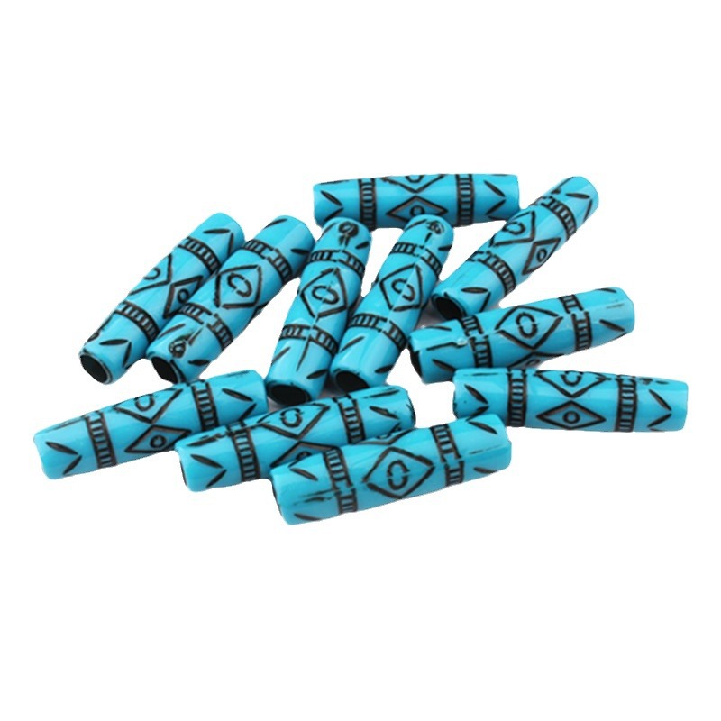 Cylindrical Acrylic Beads 25mm Blue Vintage Patterned Plastic 100pcs 4