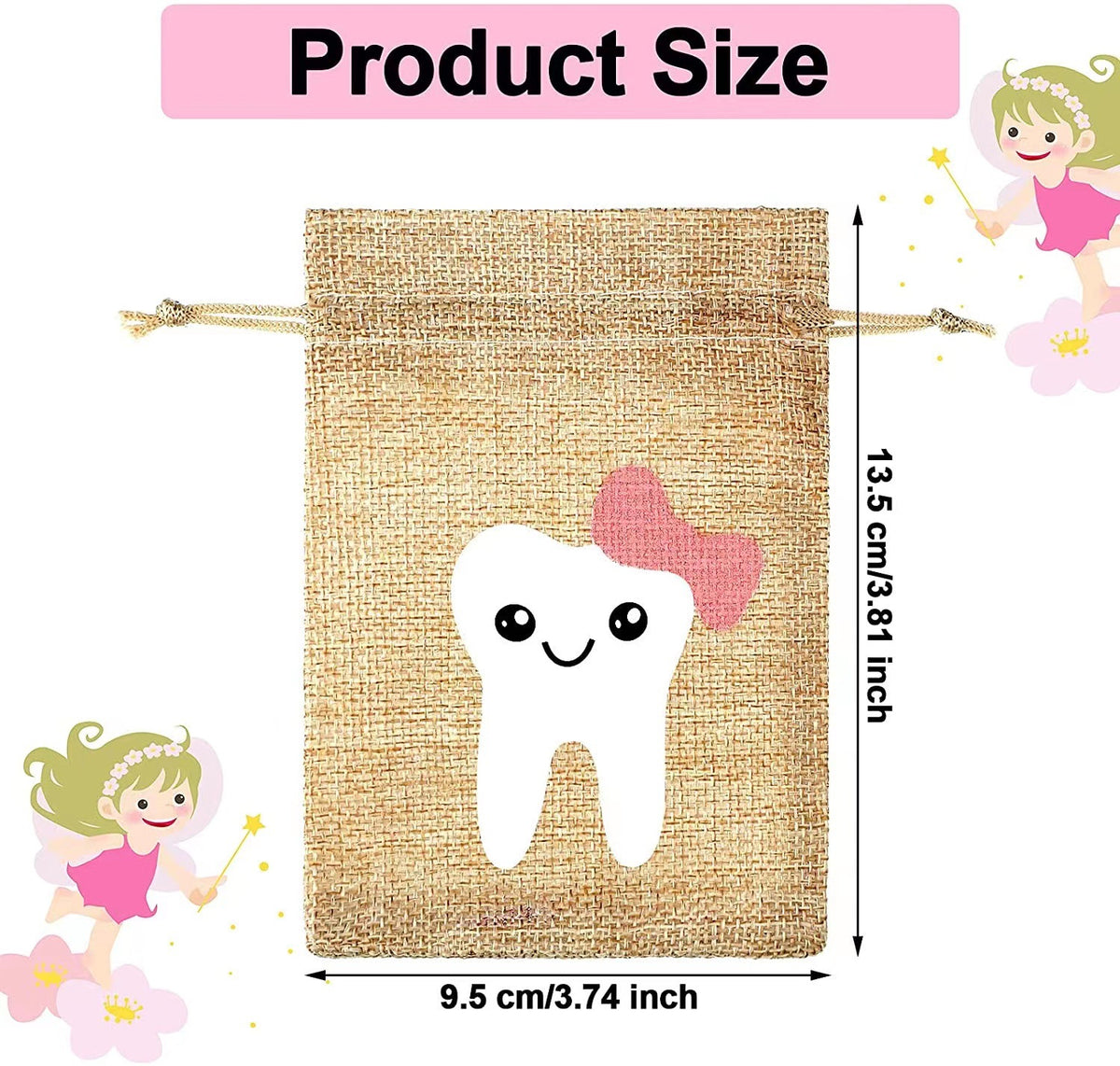 Cotton Linen Drawstring Cloth Bags Tooth Pattern 9.5x13.5cm 2pcs 2