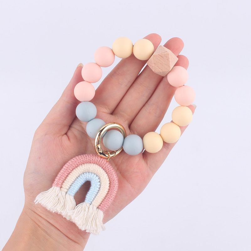 Rainbow Tassel Silicone Bead Wristlet Keychain Pastel Colors 4
