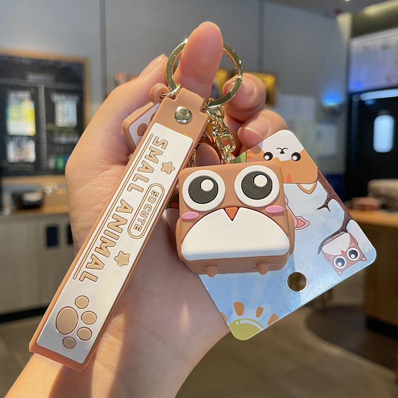 PVC Rubber Cube Animal Keychain with Leather Rope Dog Cat Owl Piggy 8