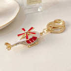 Metal Rhinestone Helicopter Keychain Gold Red Blades 4