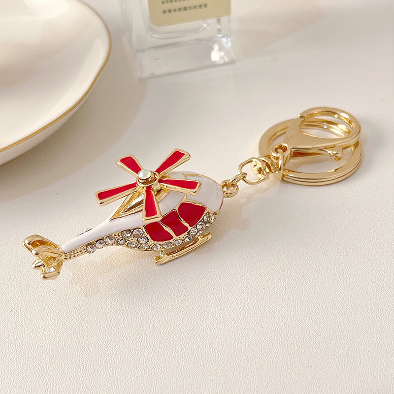 Metal Rhinestone Helicopter Keychain Gold Red Blades 4