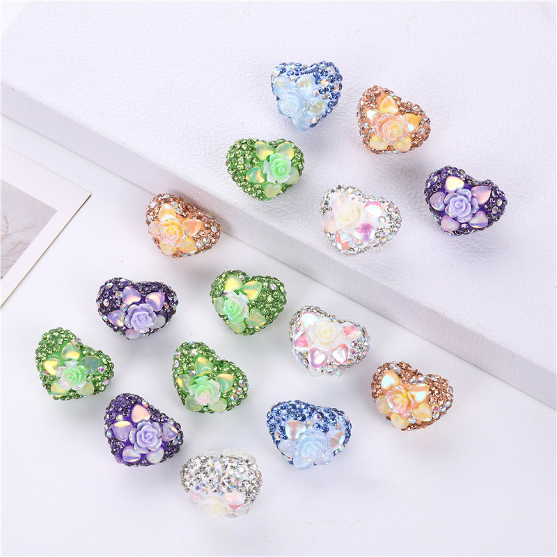 Rhinestone Heart Clay Beads 23mm Peach Blossoming Rose 10pcs 2