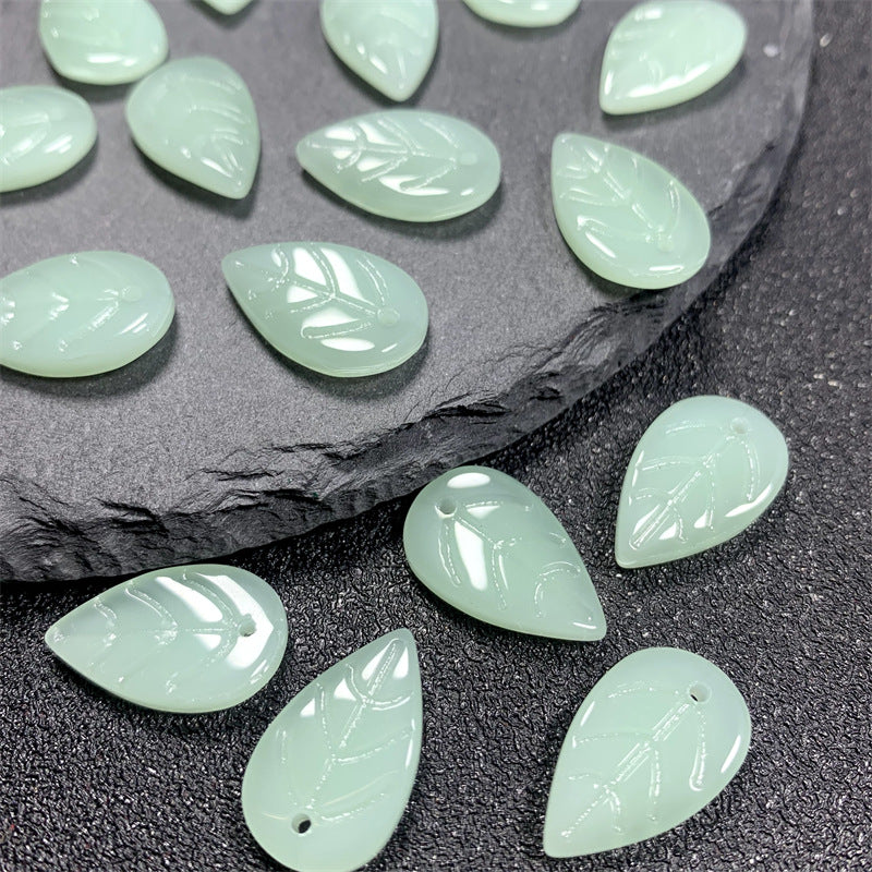 Czech Glass Beads Leaf 18mm Imitation Jade Translucent Green 50pcs 3