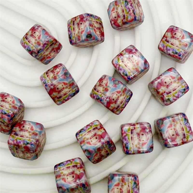 Square Acrylic Beads 14mm Diagonal-Hole Mickey and Sanrio Printed 50pcs 9