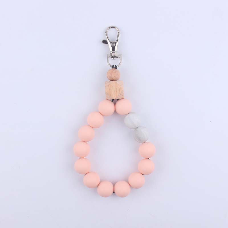 Wood Hexagon Silicone Bead Wristlet Keychain Natural Pastel Colors 7