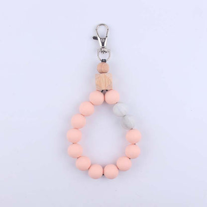 Wood Hexagon Silicone Bead Wristlet Keychain Natural Pastel Colors 7