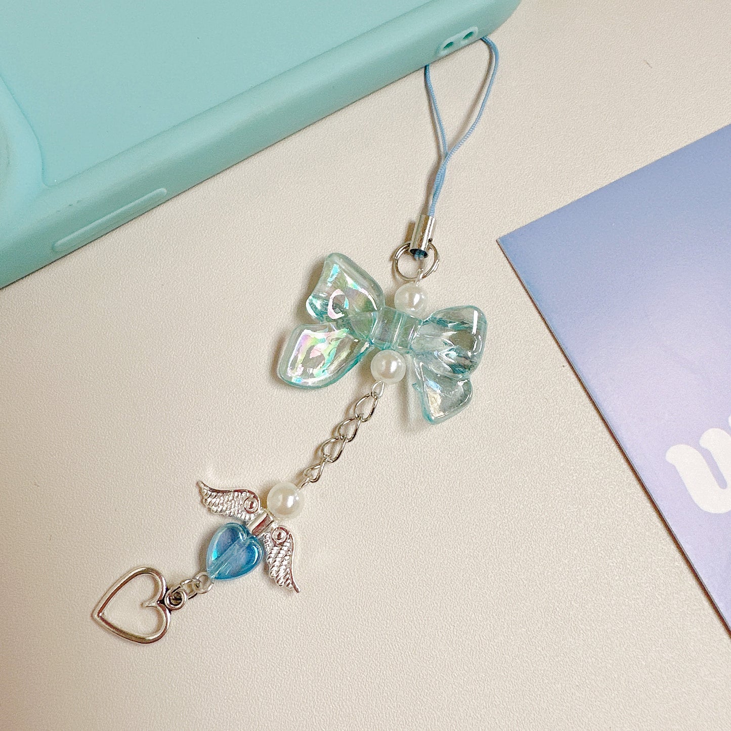 Acrylic Angel Wing Phone Charm Pastel Bow Pendant 4pcs 13cm 7